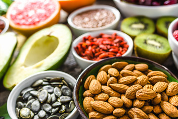 Bowl with almonds and other superfood. Breakfast containing healthy food, organic vegetarian nutrition like nuts, seeds and fruits