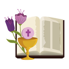 holy bible with chalice and flowers