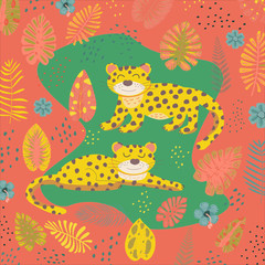 Tropical pattern with leopards and palm leaves. African motifs.