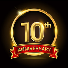 10th golden anniversary logo with ring and red ribbon isolated on black background, vector design for birthday celebration, marriage, corporate, and your business.