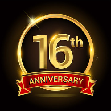 16th golden anniversary logo with ring and red ribbon isolated on black background, vector design for birthday celebration, marriage, corporate, and your business.