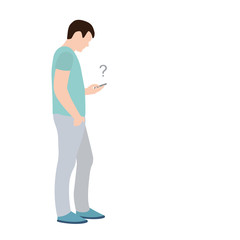 man looks into the smartphone with a question