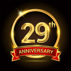 29th golden anniversary logo with ring and red ribbon isolated on black background, vector design for birthday celebration, marriage, corporate, and your business.