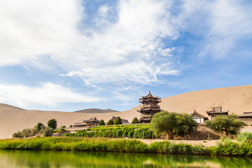 Gansu Dunhuang Crescent Lake and Mingsha Mountain.,China.