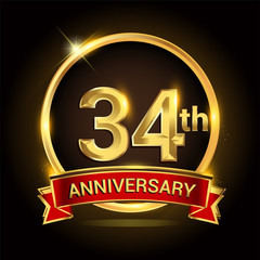 34th golden anniversary logo with ring and red ribbon isolated on black background, vector design for birthday celebration, marriage, corporate, and your business.