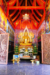 Fototapeta na wymiar Buddha statue in Phutthanimit Bureau of Monks, the Thai traditional and public temple in contry side of Nakhon Phanom Province and Tha Uthen District in Thailand