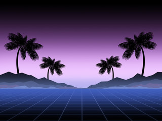 Naklejka premium Synthwave and retrowave background template. Palms, sun and space in computer game. Retro design, rave music, 80s computer graphics and sci-fi concept.