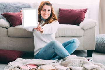 Happy young woman with tablet mockup. Content marketing strategy. Like and click. Analyze, create, promote, engage