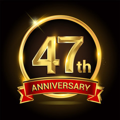 47th golden anniversary logo with ring and red ribbon isolated on black background, vector design for birthday celebration, marriage, corporate, and your business.