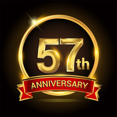 57th golden anniversary logo with ring and red ribbon isolated on black background, vector design for birthday celebration, marriage, corporate, and your business.