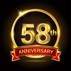 58th golden anniversary logo with ring and red ribbon isolated on black background, vector design for birthday celebration, marriage, corporate, and your business.