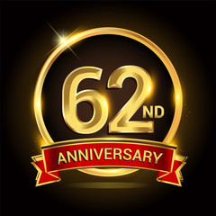 62nd golden anniversary logo with ring and red ribbon isolated on black background, vector design for birthday celebration, marriage, corporate, and your business.