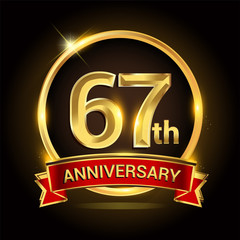 67th golden anniversary logo with ring and red ribbon isolated on black background, vector design for birthday celebration, marriage, corporate, and your business.