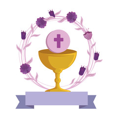 first communion in chalice with floral crown