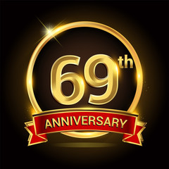 69th golden anniversary logo with ring and red ribbon isolated on black background, vector design for birthday celebration, marriage, corporate, and your business.