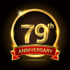 79th golden anniversary logo with ring and red ribbon isolated on black background, vector design for birthday celebration, marriage, corporate, and your business.