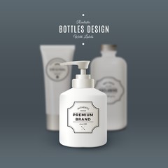 Realistic White Liquid Soap Dispenser. Vector Bottles with Vintage Labels. Product Packaging Design.