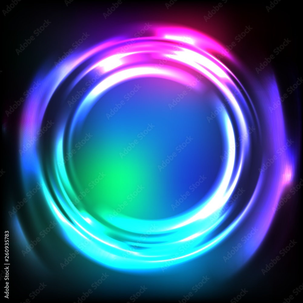 Poster shiny abstract neon background. vector glowing water ripple. colorful circle frame in the dark.