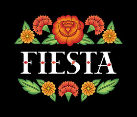Mexican Fiesta illustration vector. Floral background with rose and carnation flowers pattern from traditional tehuana Mexico embroidery design.