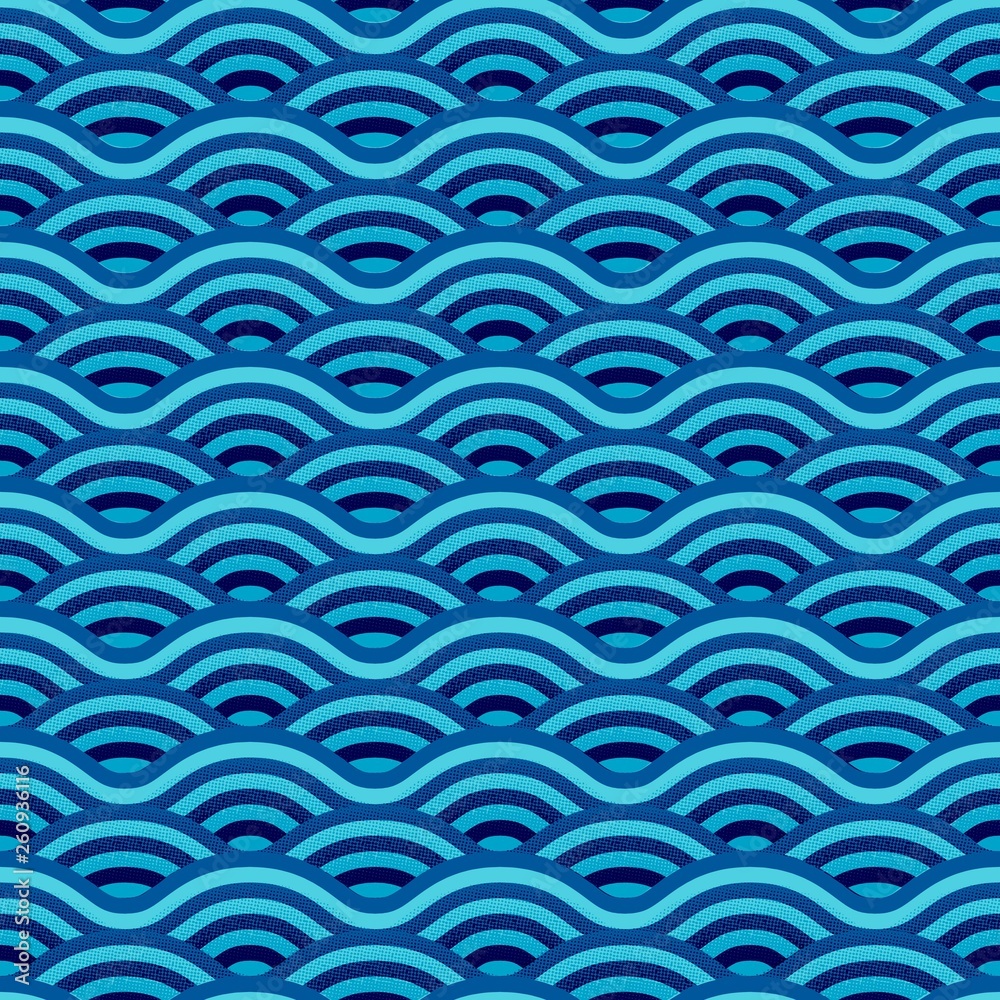 Poster Vector Seamless Pattern with Blue Waves. Minimalist Texture with Linear Ornament