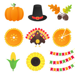 Vector collection of autumn elements and thanksgiving day things set flat style design gradient version isolated on white background. Pumpkin, pilgrim hat, acorn, pie, turkey, corn, flags, sunflower.