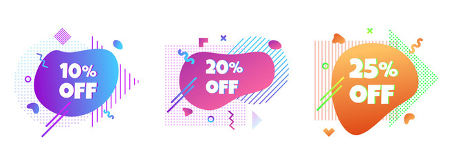 3 Modern liquid abstract special offer price sign 10%, 20%, 25% off DISCOUNT set text gradient flat style design fluid vector colorful vector illustration banners or flyer leflet icon.