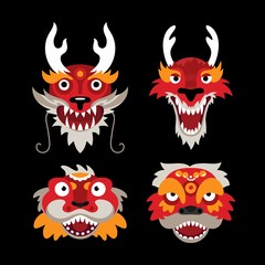 Traditional Chinese Celebration Symbols Dragon and Lion. Stylized Illustration of Animal Heads in Vector