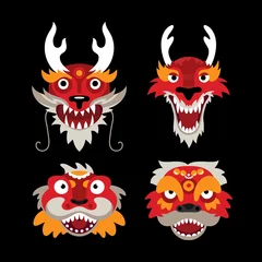 Fotobehang Traditional Chinese Celebration Symbols Dragon and Lion. Stylized Illustration of Animal Heads in Vector © Briddy