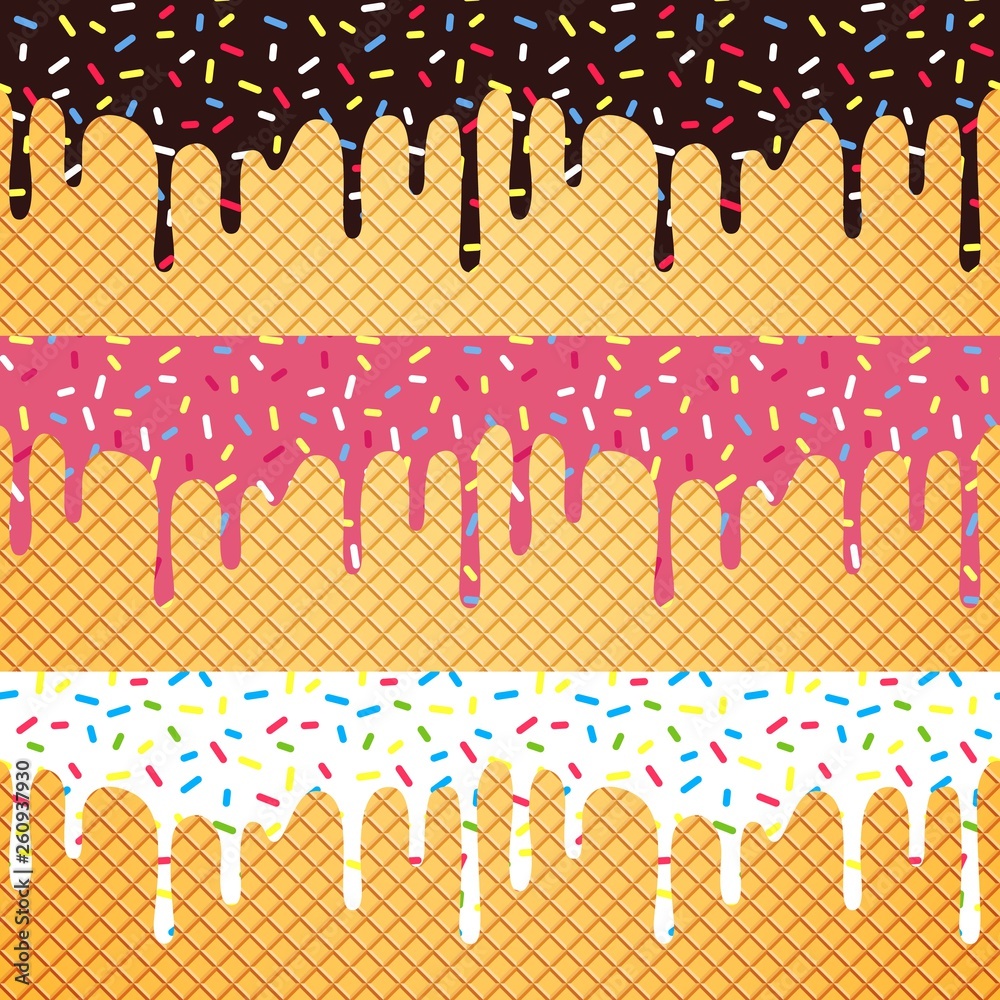 Aufkleber Vector Set of Flowing Glaze with Colorful Sprinkles on Wafer Background. Seamless Borders Design for Packaging