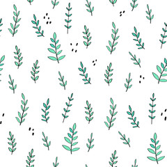 Minimal, colorful, trendy seamless pattern with isolated branches, leaves on white background. Vector illustration 