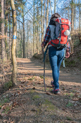 Pilgrim on the trail of St. James, Pilgrim, Wanderer with a backpack and a shell