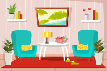 The interior of the living room in cartoon style. Cozy room with furniture, table, two chairs, carpet. Vector. - 260940565