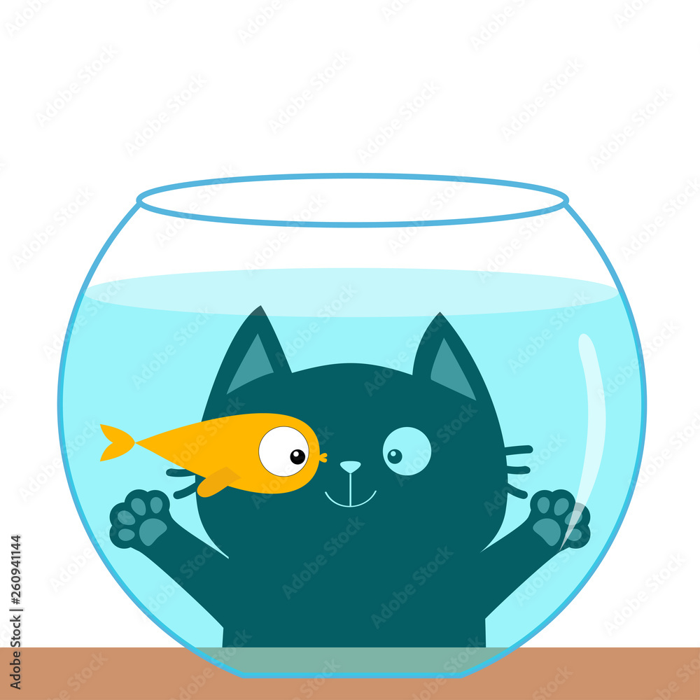 Wall mural Cat looking through aquarium glass. Playing with gold fish. Big eyes. Swimming goldfish. Paw print hand. Cute cartoon kawaii funny baby character. Flat design. White background.