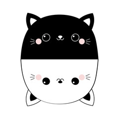 Black white cat set. Head face line contour silhouette round icon. Pink blush cheeks. Funny kawaii smiling animal. Cute cartoon funny character. Pet collection. Flat design Baby background.