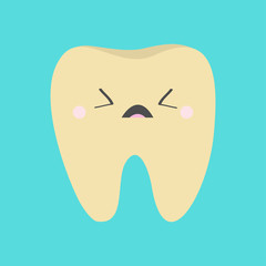 Yellow tooth icon. Sad face. Crying bad ill teeth with caries. Cute cartoon kawaii funny baby character. Oral dental hygiene. Blue background. Flat design.