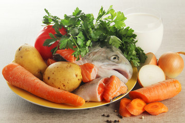 Ingredients for traditional nordic creamy soup with salmon