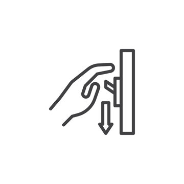 Switch Off After Use Line Icon. Hand Turning Off The Light Linear Style Sign For Mobile Concept And Web Design. Toggle Switch Outline Vector Icon. Mandatory Symbol, Logo Illustration. Pixel Perfect 