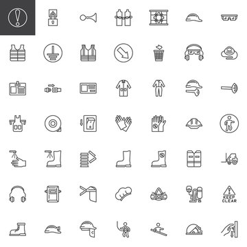 Mandatory, safety signs line icons set. linear style symbols collection, outline signs pack. vector graphics. Set includes icons as International standard symbols, safety helmet, protective workwear
