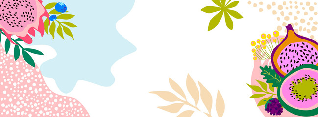 Horizontal poster with abstract tropical fruits,shapes and leaves. Editable vector illustration