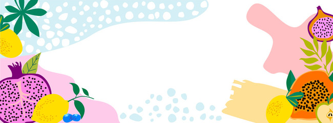 Horizontal poster with abstract tropical fruits,shapes and leaves. Editable vector illustration