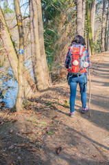 Naklejka premium Pilgrim on the trail of St. James, Pilgrim, Wanderer with a backpack and a shell