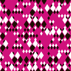 Geometric vector seamless pattern. Different size black and white rhombuses on bright pink background. Template for trendy textile, wallpaper, print, web, card, carton, banner, clothing.