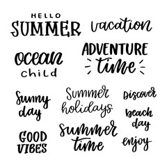 Set of kind summer lettering phrases, isolated on white background, hand drawn, vector illustration 