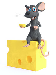 3D rendering of a smiling cartoon mouse sitting on cheese.