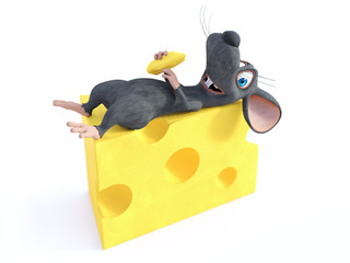 3D rendering of a smiling cartoon mouse lying on cheese.