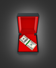 Stack of money american hundred dollar bills in gift box with red material isolated on black gradient background 3d