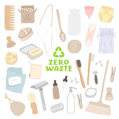 Zero waste life, vector illustrations isolated, including bathroom elements, loofah, eco bamboo toothbrush, menstrual cup, wooden comb, razor, eco swabs