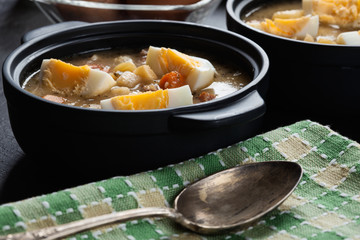 The sour soup made of rye flour with eggs