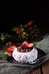 light pavlova with fresh fruits and chocolate