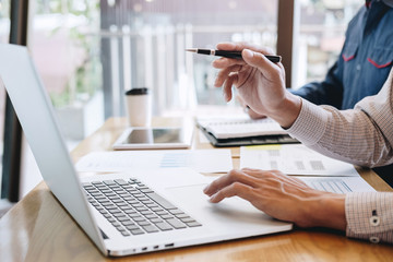 Professional Business casual partner discussing ideas plan and presentation project at meeting working and analysis at workspace office, financial and investment concept